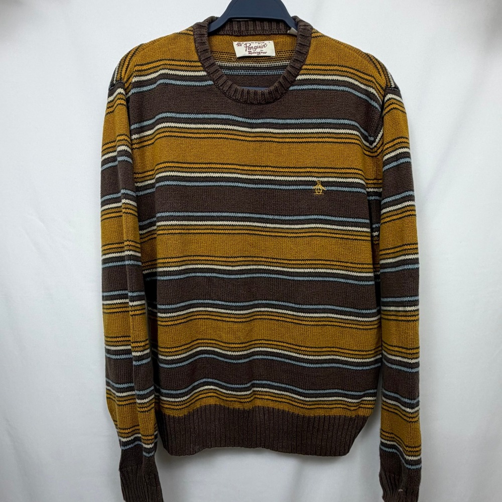 Original Penguin Munsingwear Mens L Striped Cotton Wool Crewneck Sweater Brown